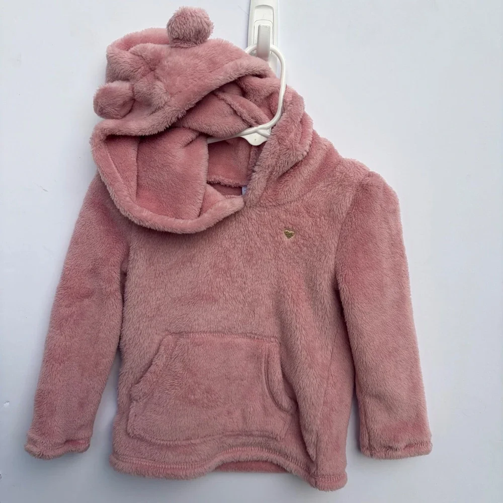 Carters Girls 2T Pink‎ Fuzzy Fleece Bear Ear Hoodie Gold Heart Pullover 2J981010